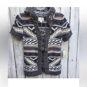 Anthropologie Kensie Gray and Cream Cardigan Sweater with Nordic Patterns/Poms